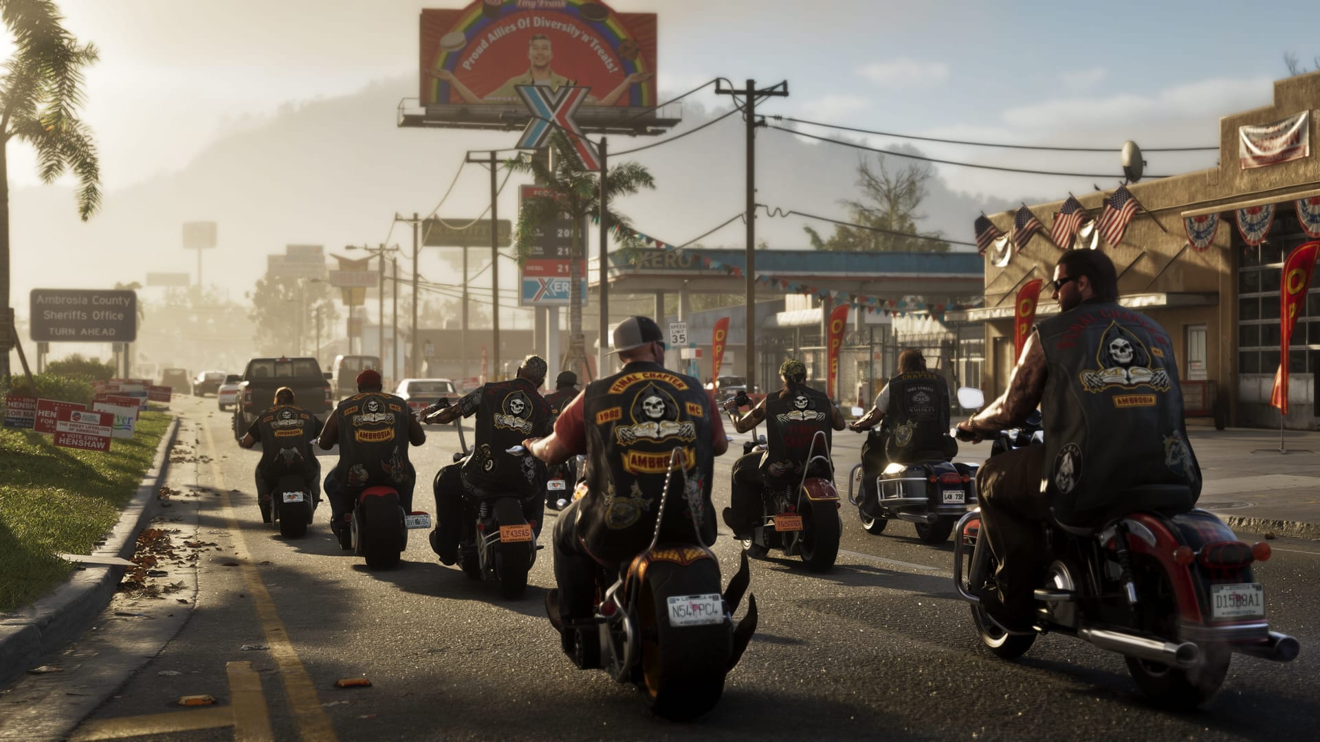 Bikers riding through Ambrosia in official GTA VI media